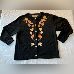 Shenandoah Womens Autumn Leaves Button Up Cardigan Sweatshirt Fleece 3/4 Sleeve